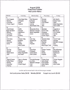 Hot Lunch Menu August 2026